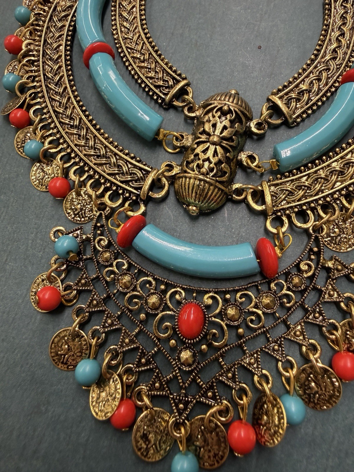 Gold Turquoise Red Bollywood Statement Bib Necklace B15 Cosplay Costume