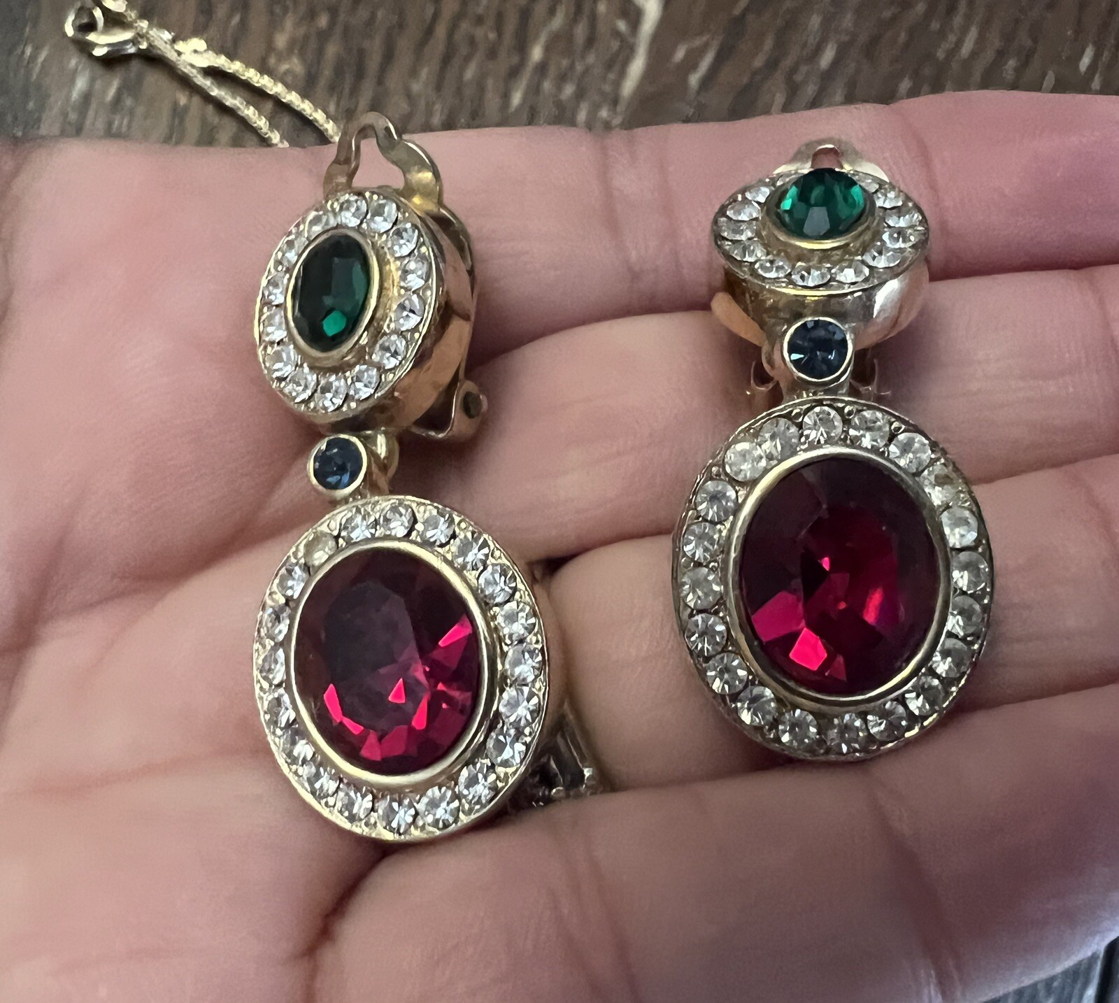 Gold Plated Red Green & Blue Crystal Necklace & Clip On Earring Set