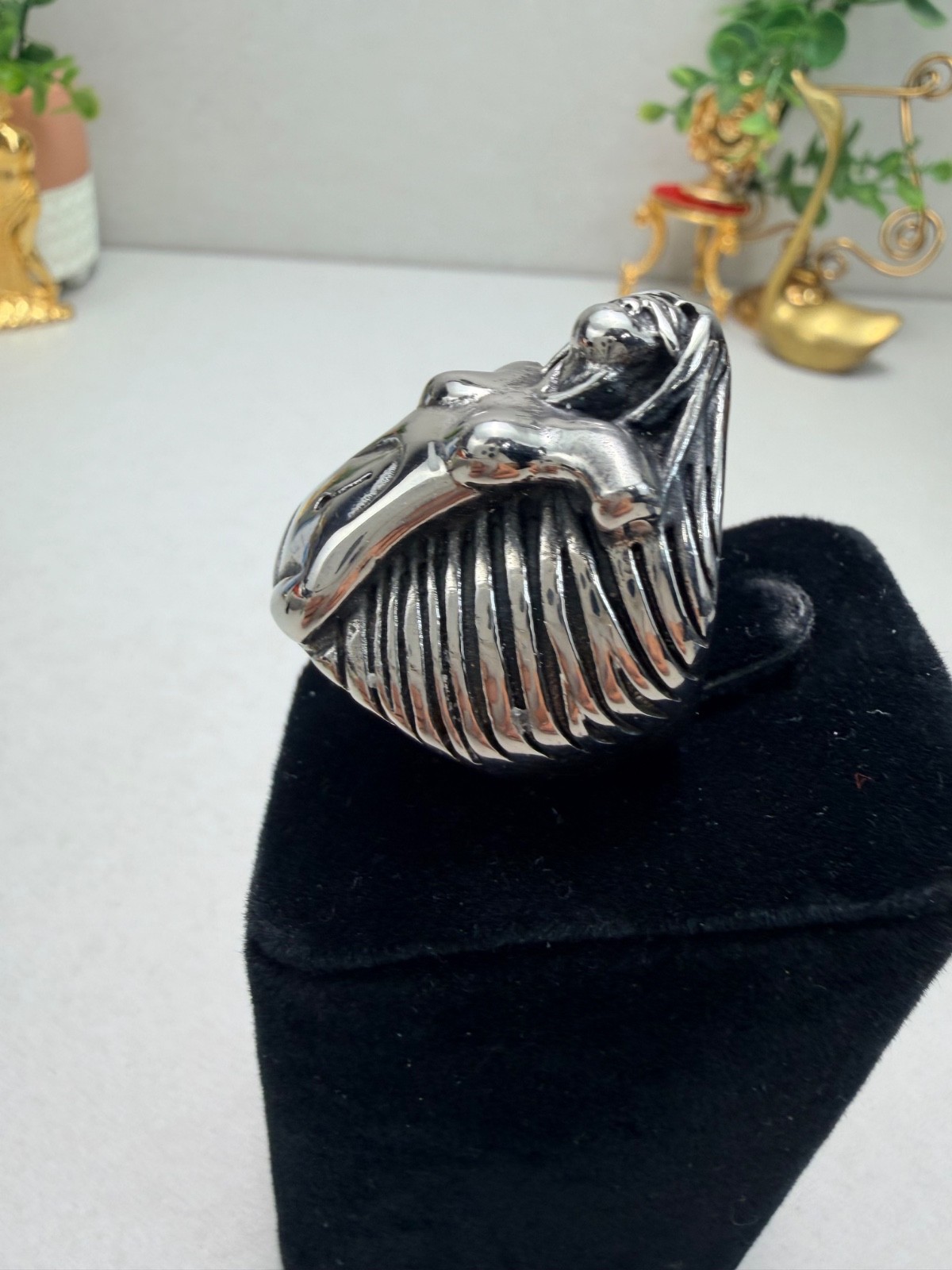 Stainless Steel Sculptural Nude Woman Art Ring Statement Biker Ring Unisex