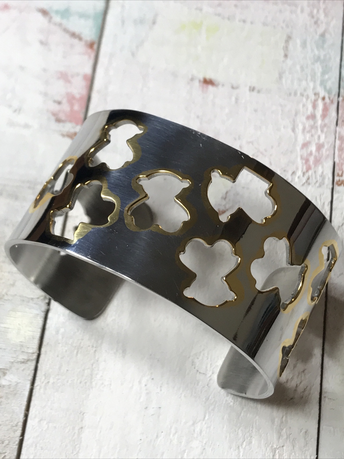 “K” Cuff Bracelet Cut Out Stainless Steel Silver -Tone Gold-Tone Teddy Bear