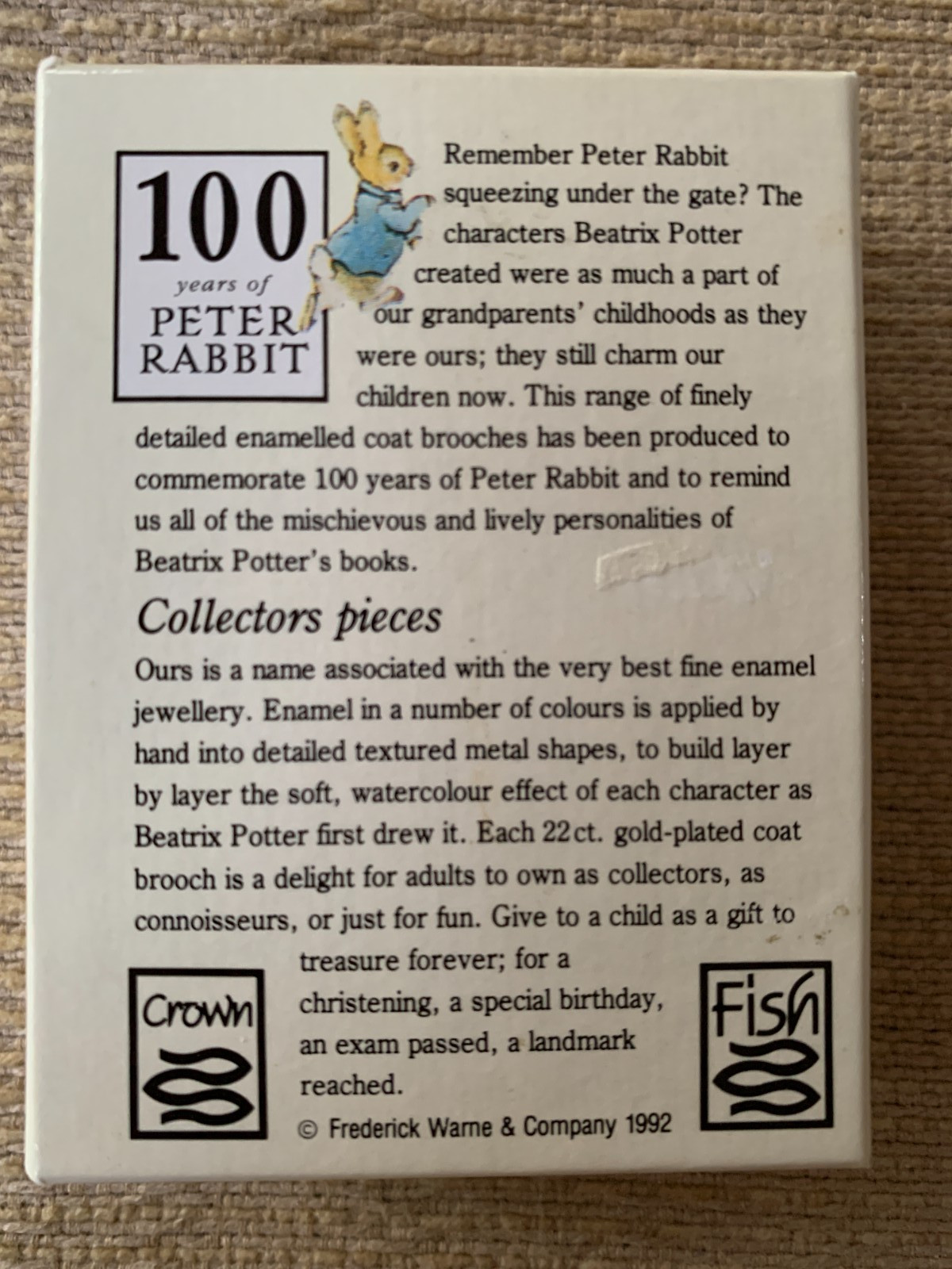 Beatrix Potter Peter Rabbit Enameled 22k Gold Plated Brooch by Fish Crown 1992