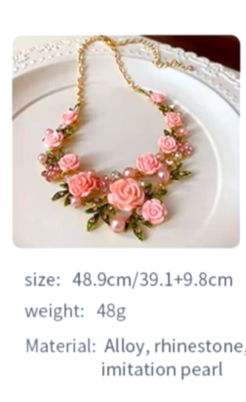 Pink ROSE Flowers PEARL Choker Rhinestone Betsey Johnson Necklace Earring SET