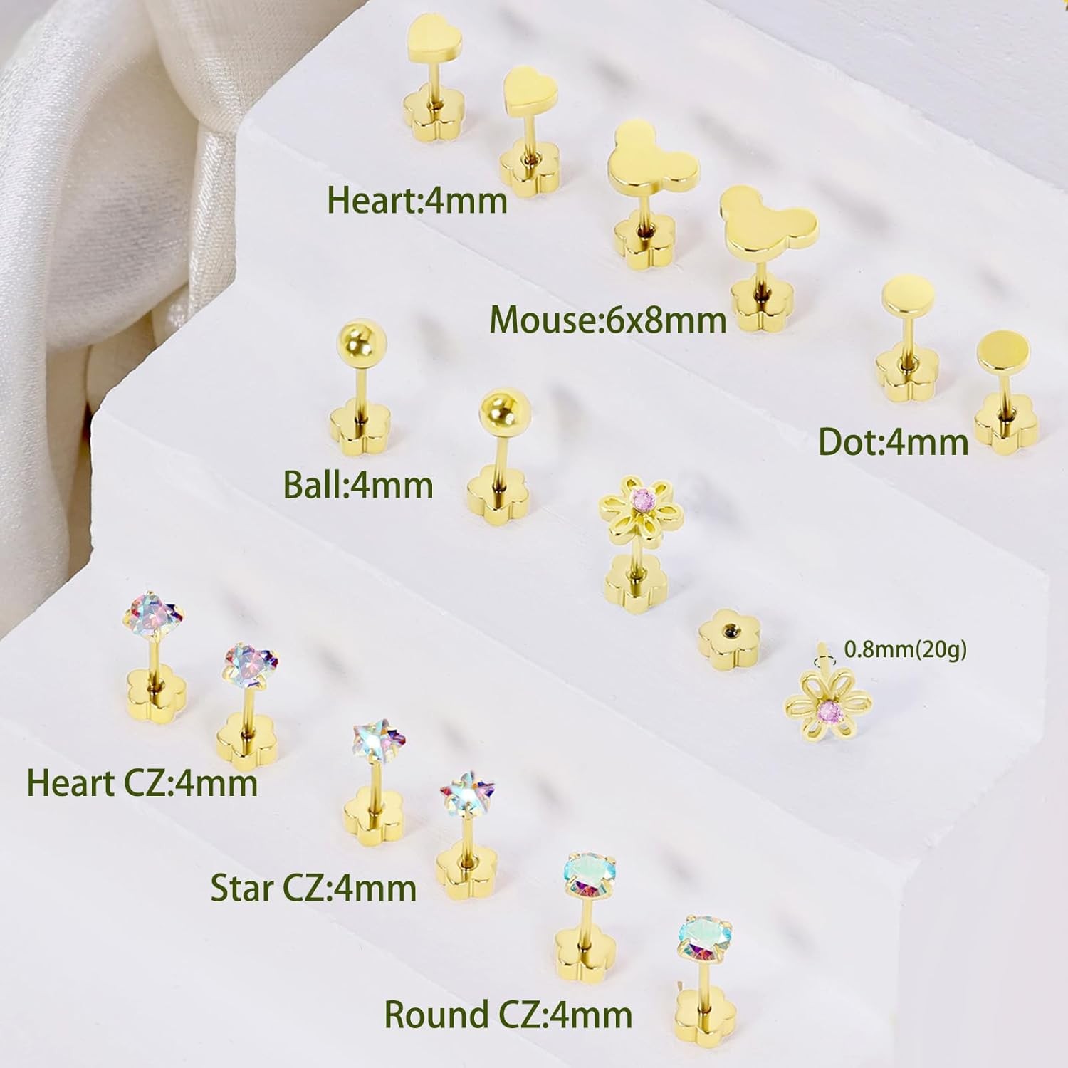 Hypoallergenic 14K Gold Earrings for Girls Women, Toddler Screw Back Baby Earrin