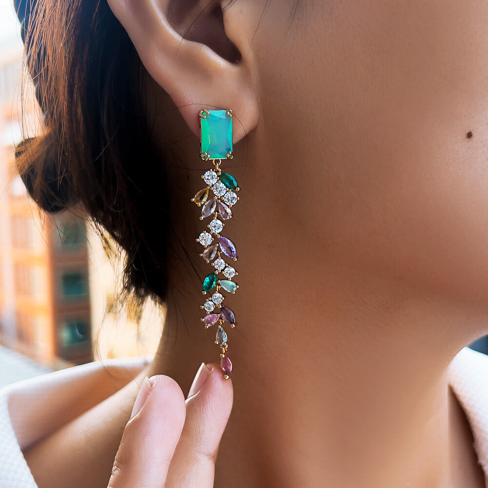 Green Baguette Gold Plated CZ Multicolor Long Leaf Drop Crystal Dangle Earrings