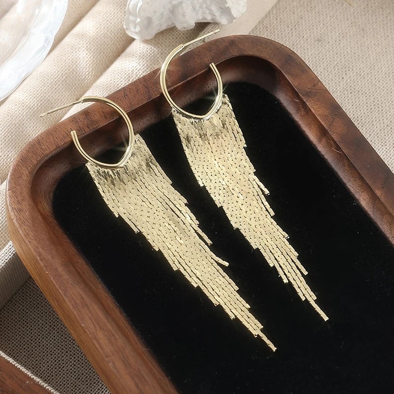 Gold Tassel Drop Earrings Women Elegant Dangle Party Wedding Jewelry Gift