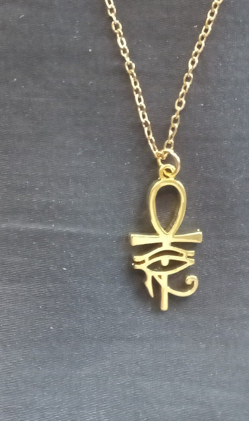 Golden ANKH Eye of Horus Pendant on Silver Plated Chain Necklace Egypt, Art Deco