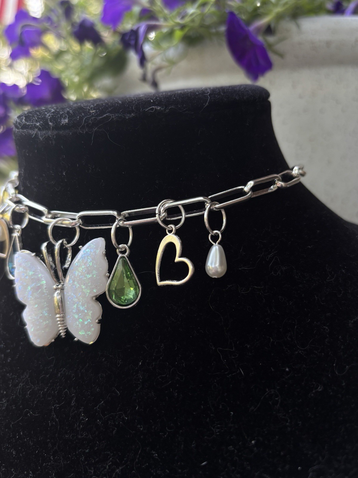 Handmade Butterfly Choker Opal Butterfly Pearl Charm Silver Necklace Fairy