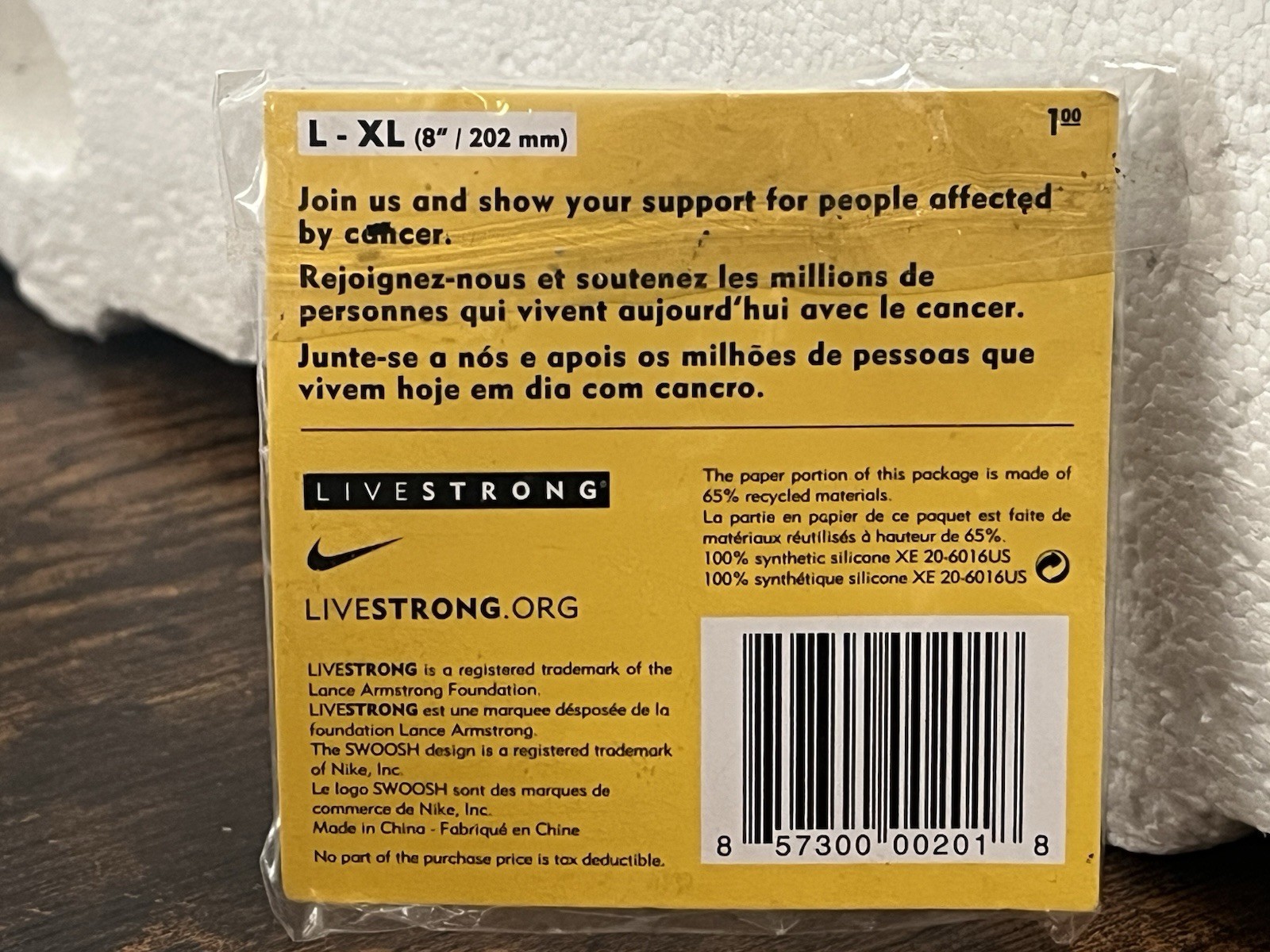 Nike LiveSTRONG Authentic Wristband Bracelet NEW Size L-XL 8″/202mm Collectible