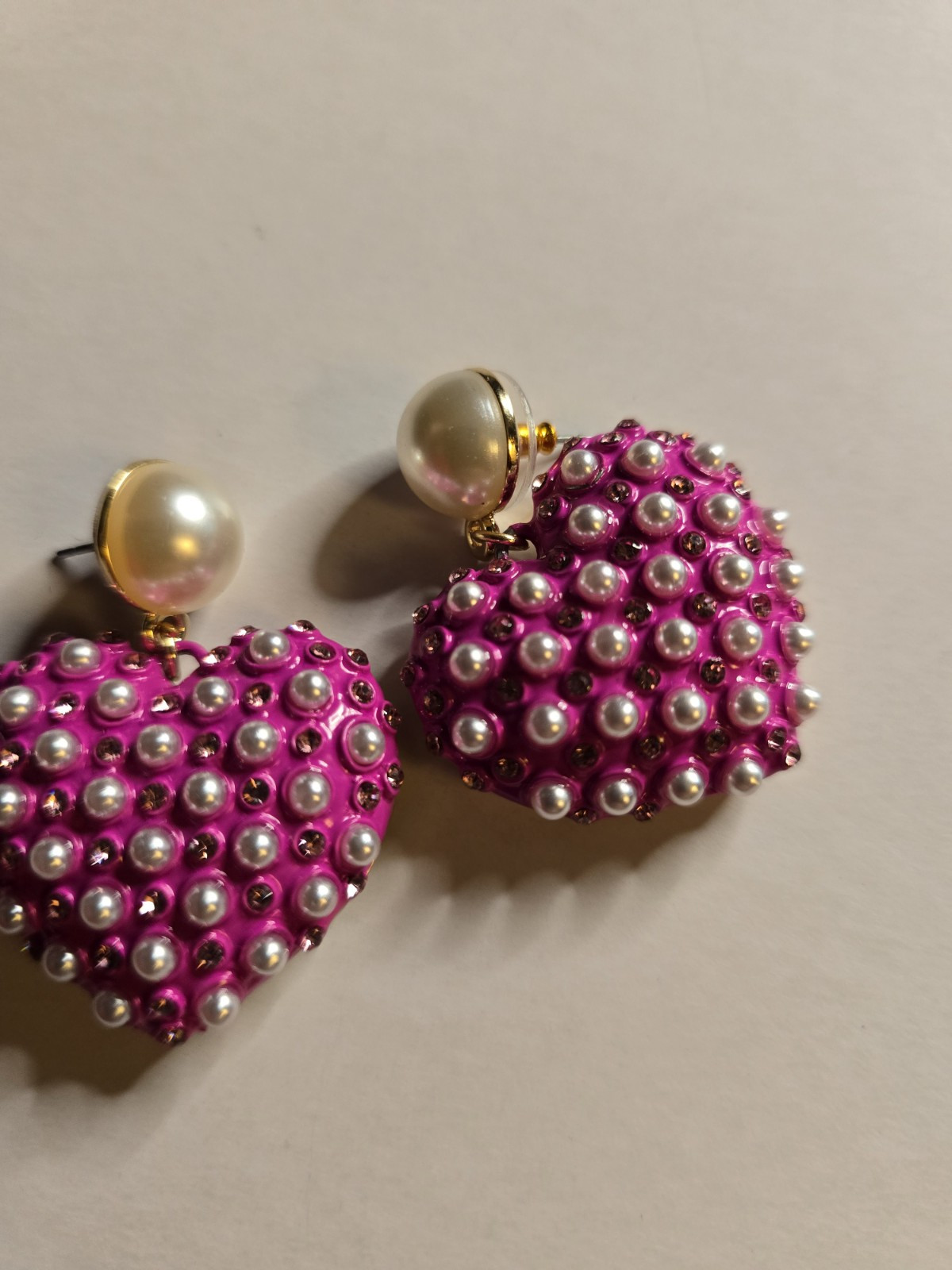 BETSEY JOHNSON Pink Heart Shape Drop Earrings With Pearl Accents