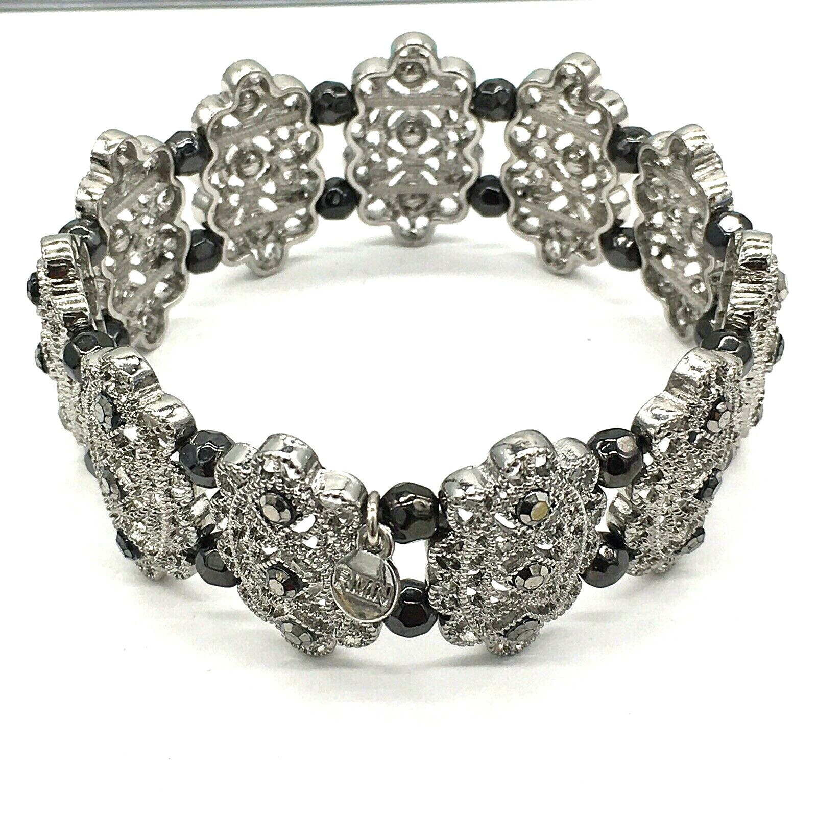 Roman Silver Tone Beaded Panel Stretch Necklace