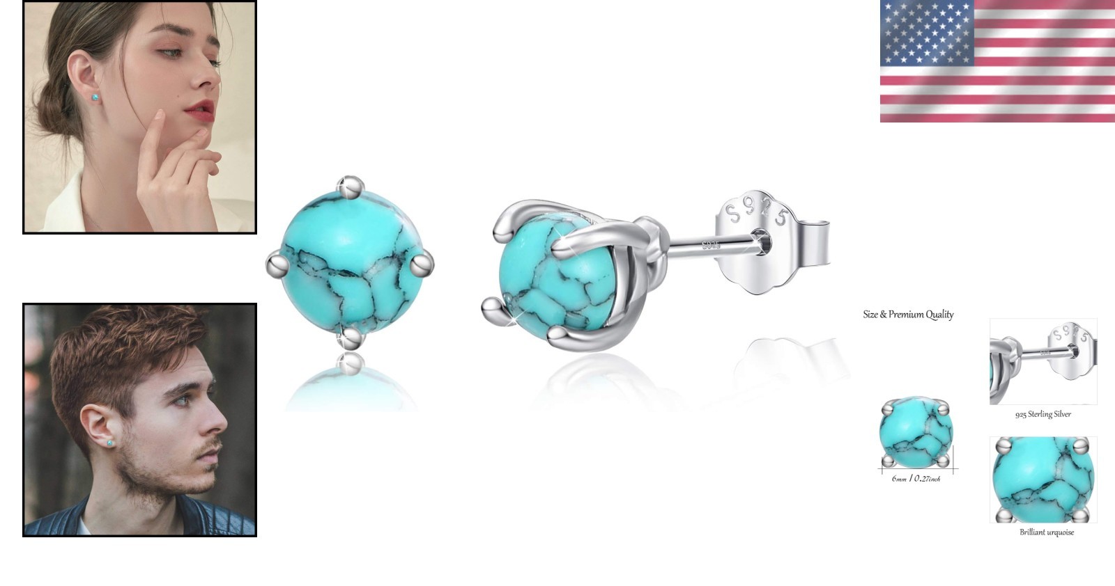 6mm Turquoise Studs 925 Sterling Silver Elegant Women’s Gift Box