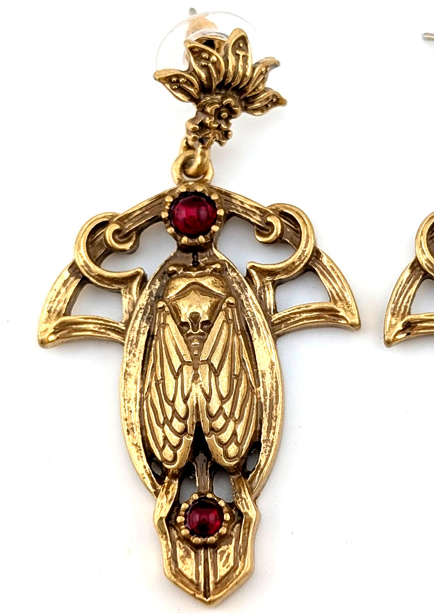 ART DECO CICADA EARRINGS brass insect & burgundy “stones” nouveau gothic S2