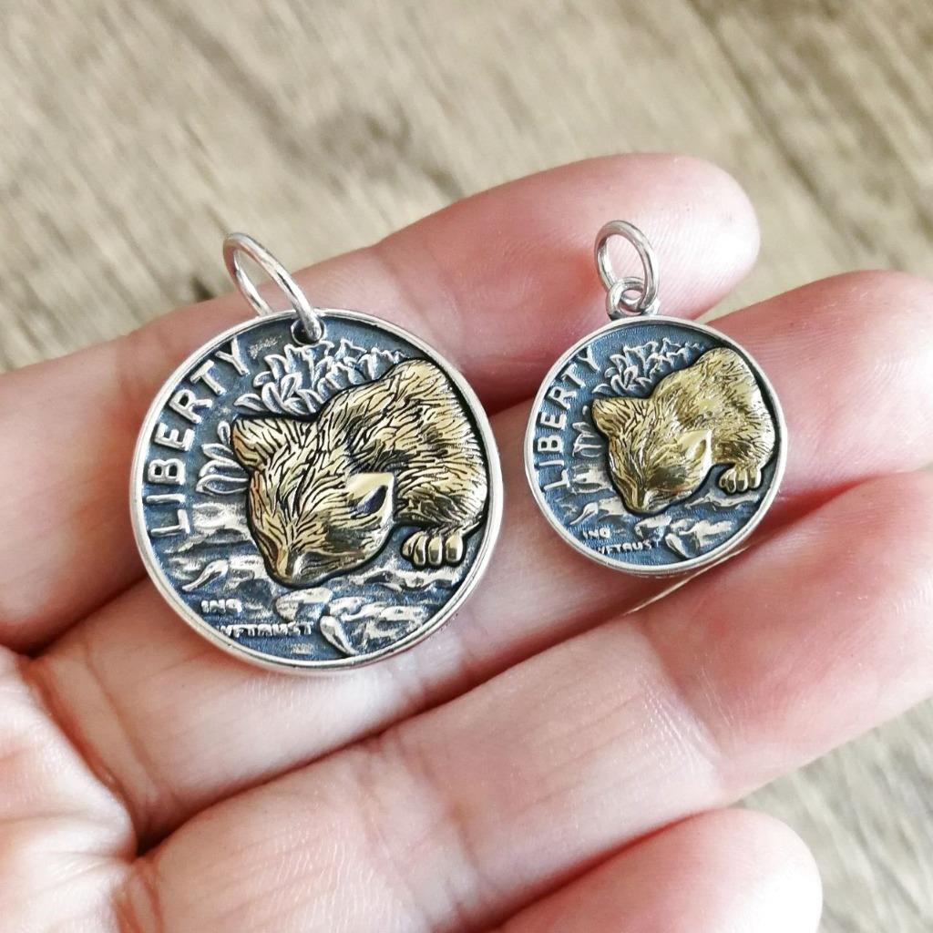 Sterling Silver & Brass Kitty Cat Coin Charm Pendant Double Sided Unique Fun