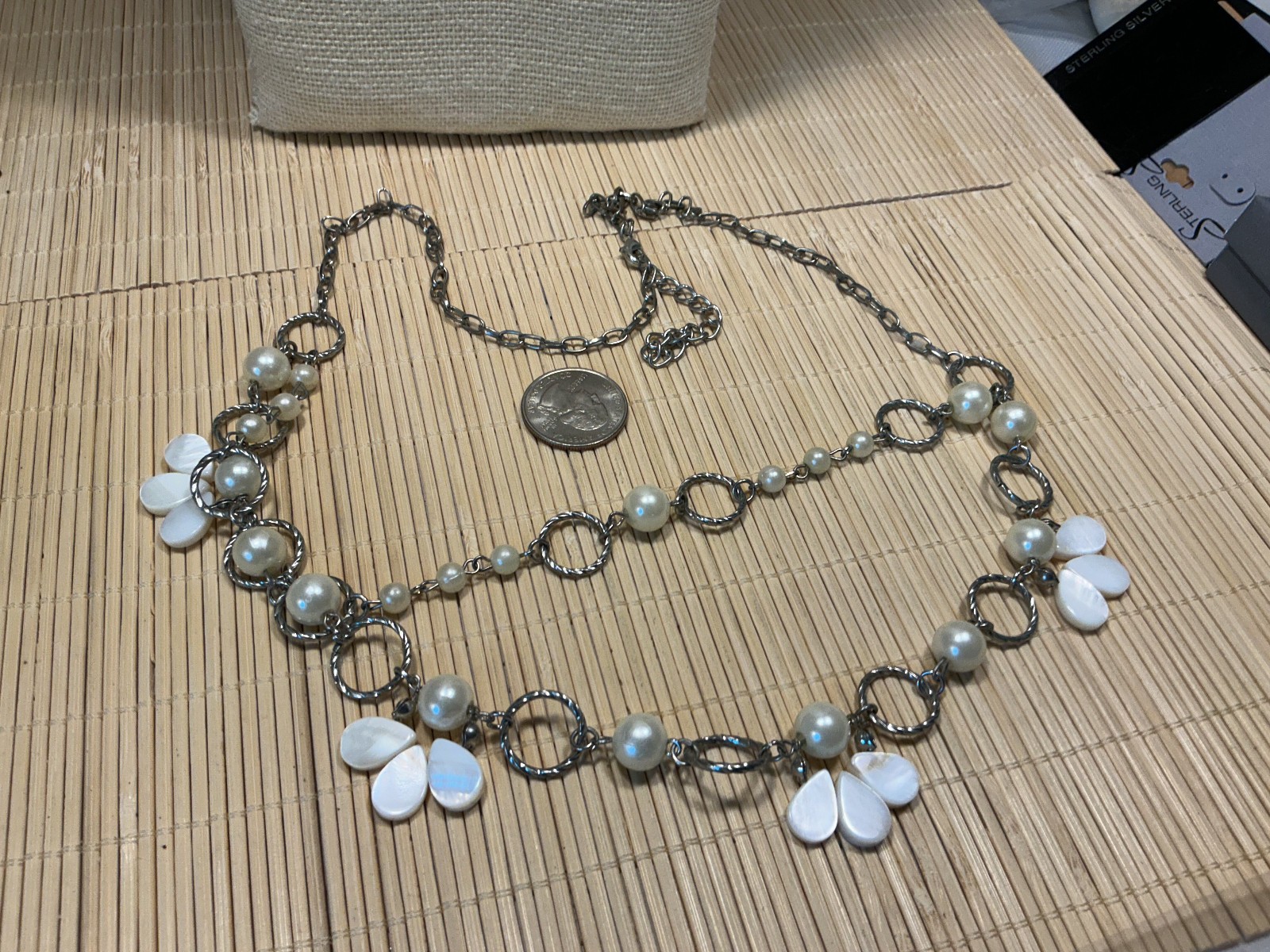 Fashion Necklace Mother of Pearl Faux Pearl Silver Textured Loops Multi Lot 103C