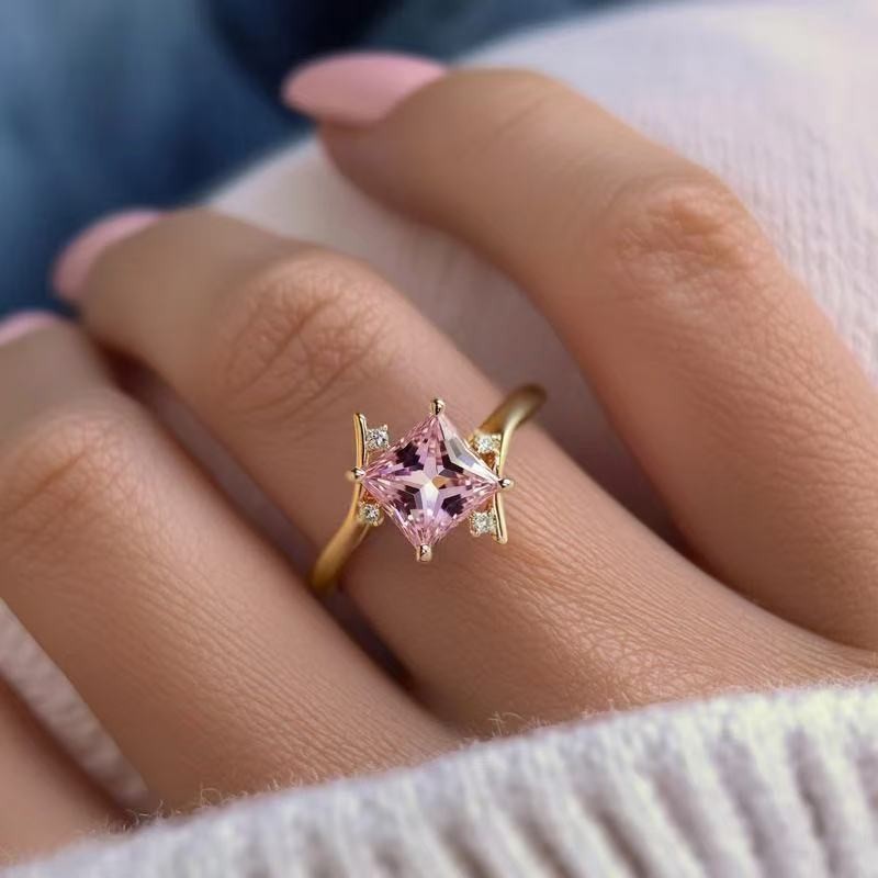 Fashion Women 18k Gold Plated Pink CZ Rhombus Band Ring Size 6-10