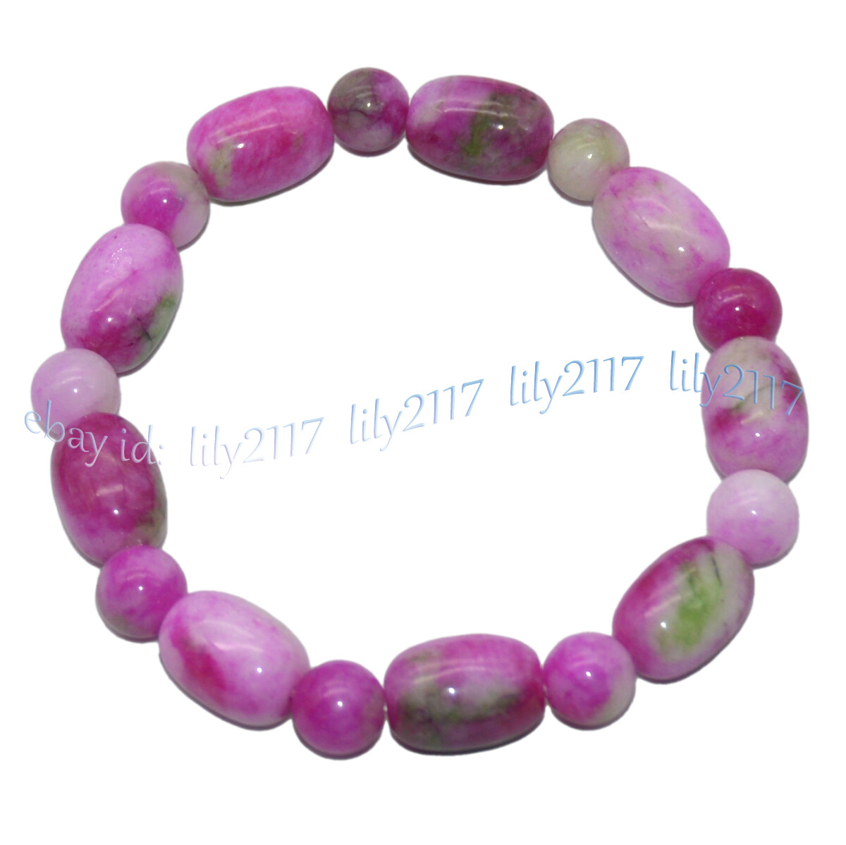 10x14mm Barrel 8mm Round Red Green Multicolor Jade Gems Elastic Bracelet 7.5”
