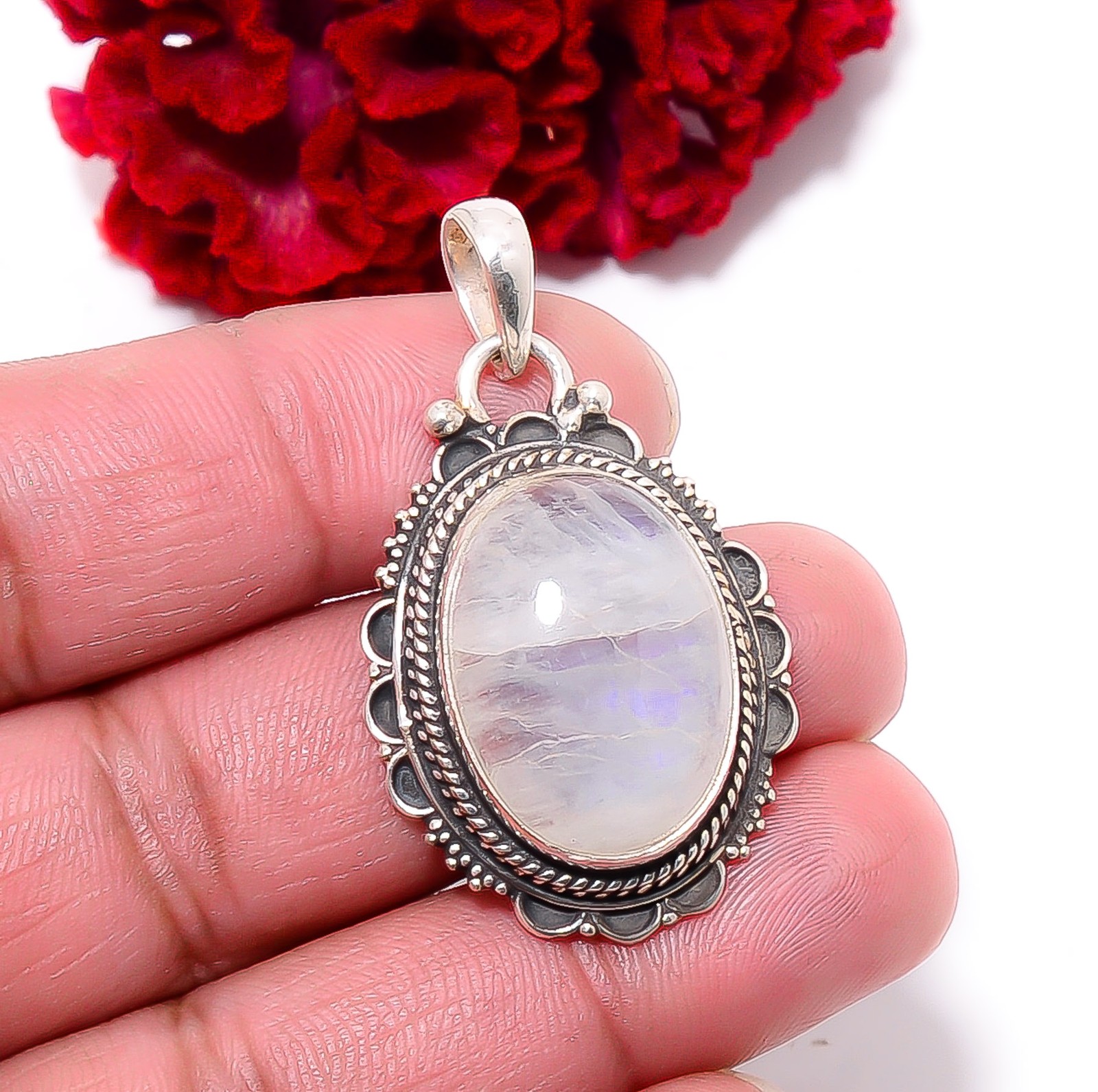 Rainbow Moonstone – India Gemstone 925 Sterling Silver Pendant 1.76″ P96233