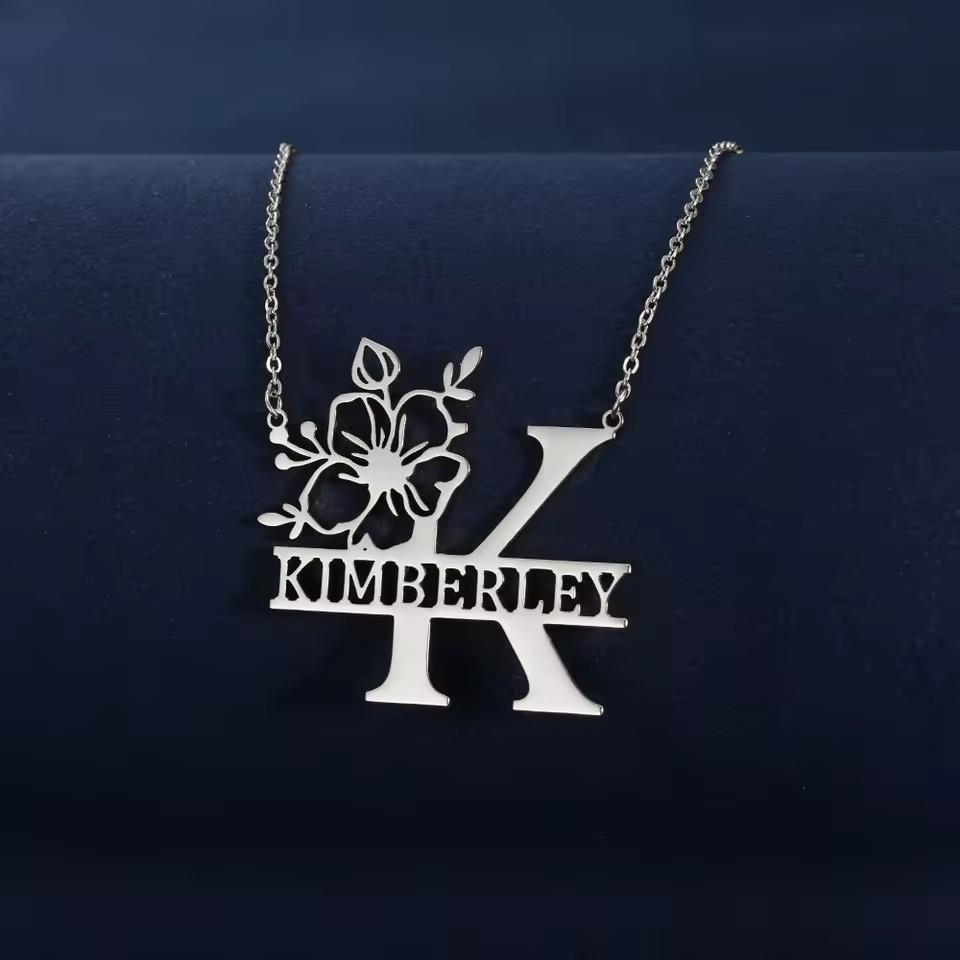 Personalized Name Flower Pendant Necklace Gold Silver Stainless Steel Jewelry