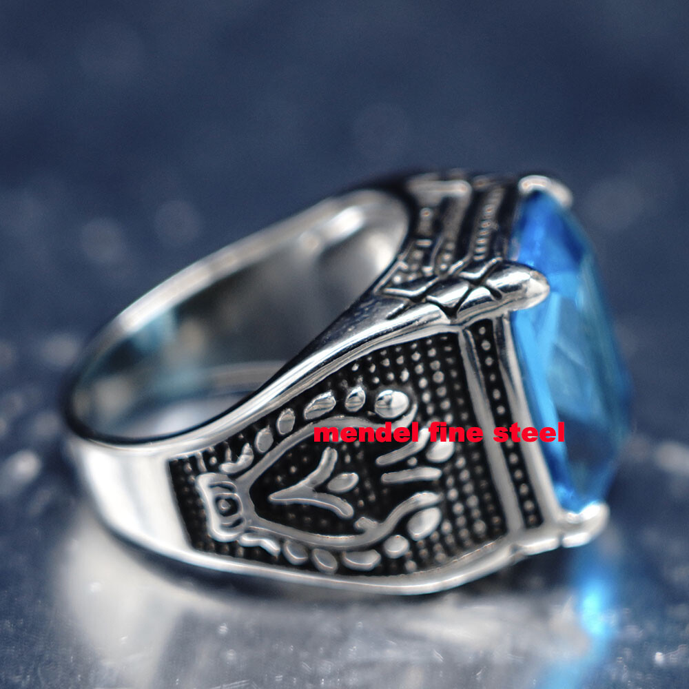MENDEL Mens Blue CZ Aquamarine Square Stone Ring Stainless Steel Size 7 8 9-15