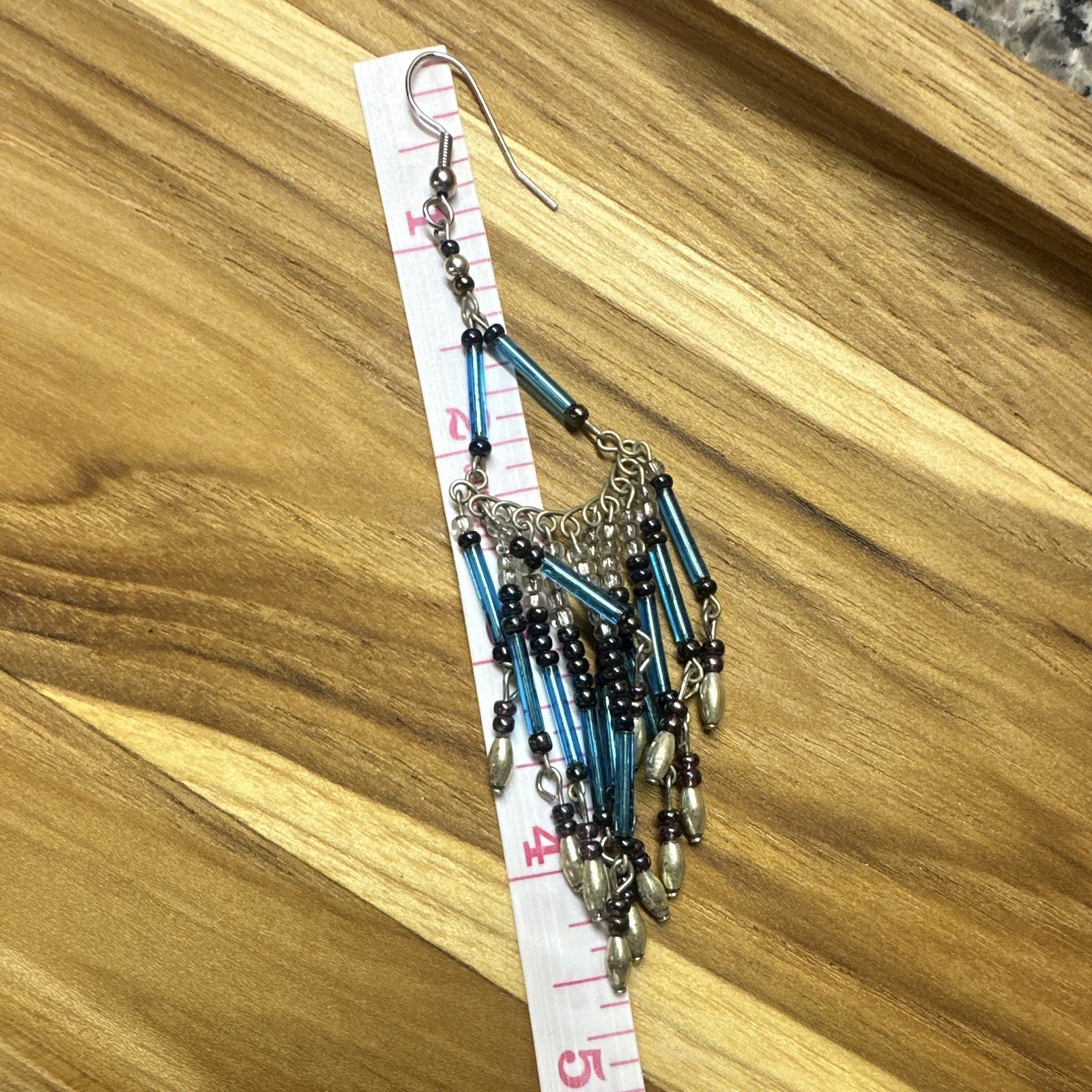 Handmade Blue Glass Tube Beaded Triangle Dangle Hook Earrings, Silver Tone