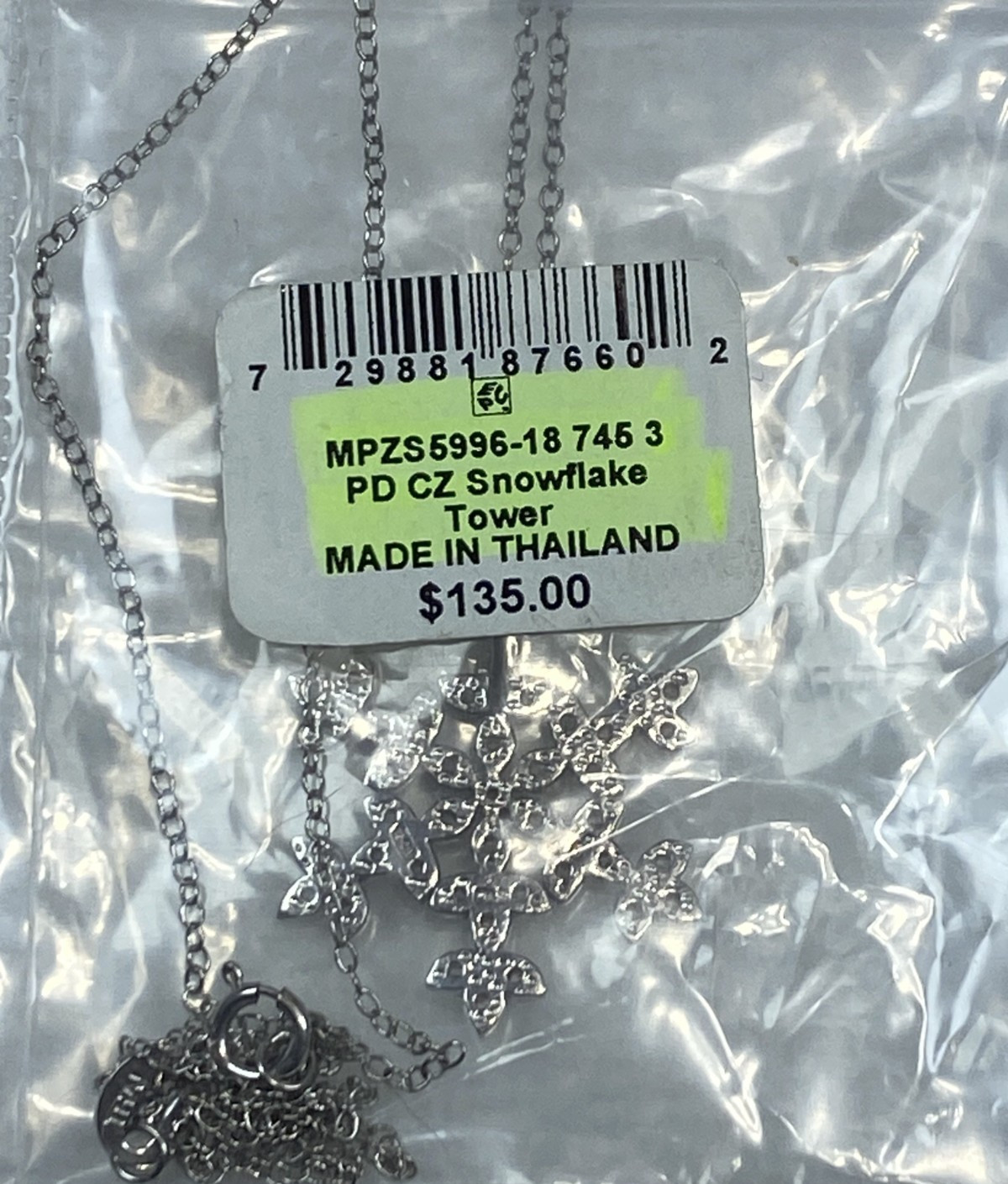 925 Sterling Silver Cubic Zirconia Snowflake Pendant 18″ Necklace NOS