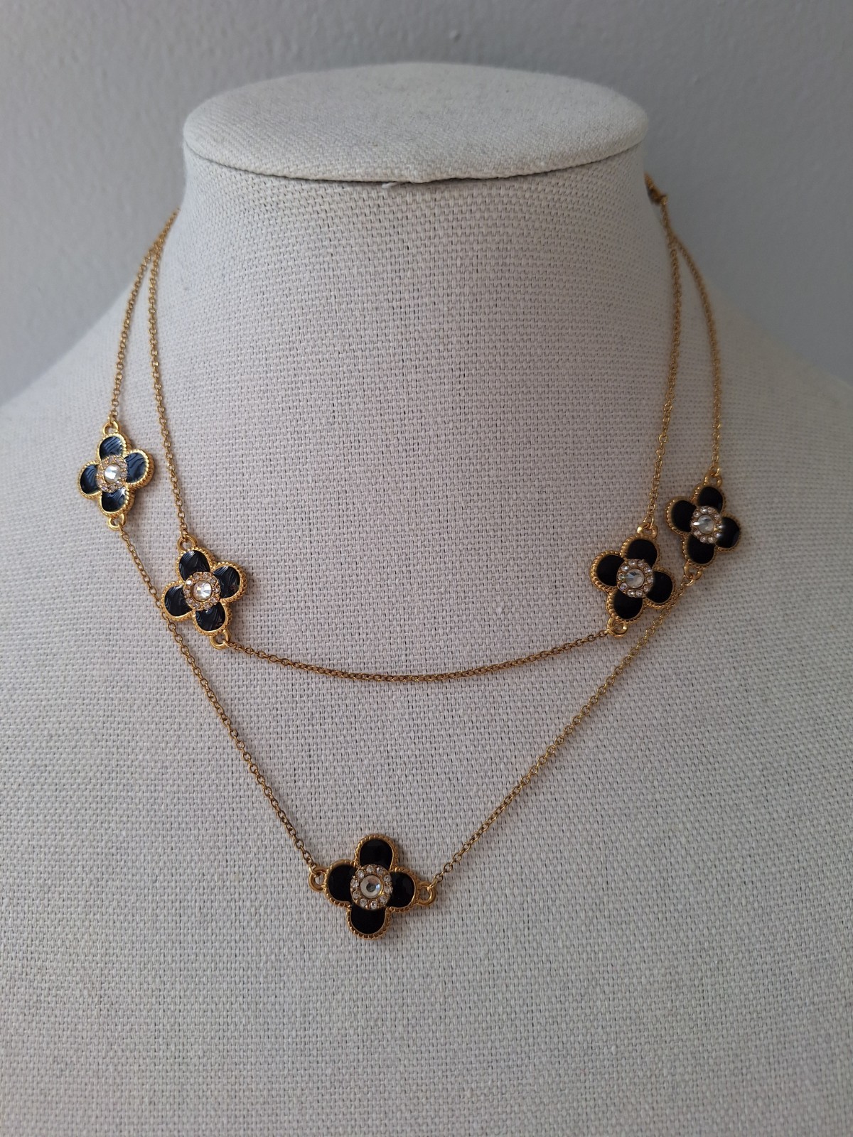 Gold Black Flower/clover Necklace, 36″ Long