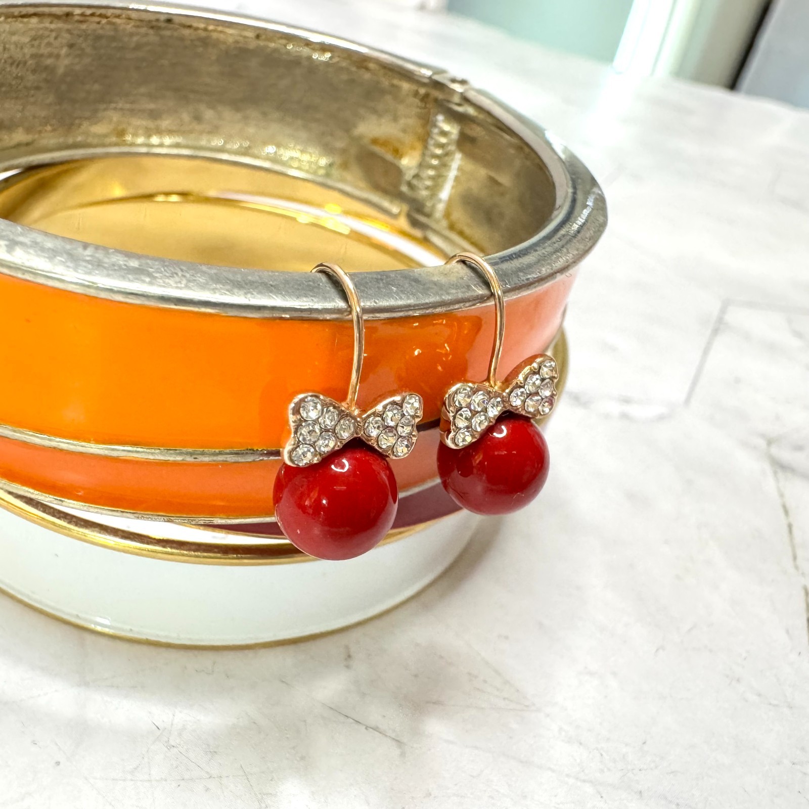 Bangle Lot Monet Gold Tone Red White Orange Enamel Earrings Signed & Unsigned