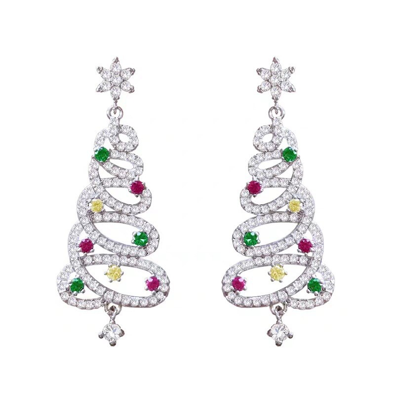2025 Xmas 925 Silver Crystal Christmas Tree Earrings Drop Dangle Women Jewelry
