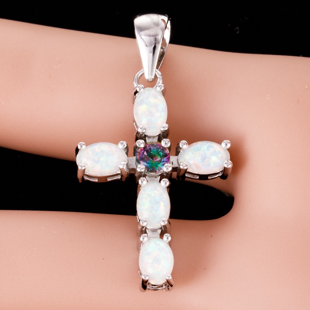 Latin Cross Mystic Topaz White Fire Opal Silver Jewelry Necklace Pendant