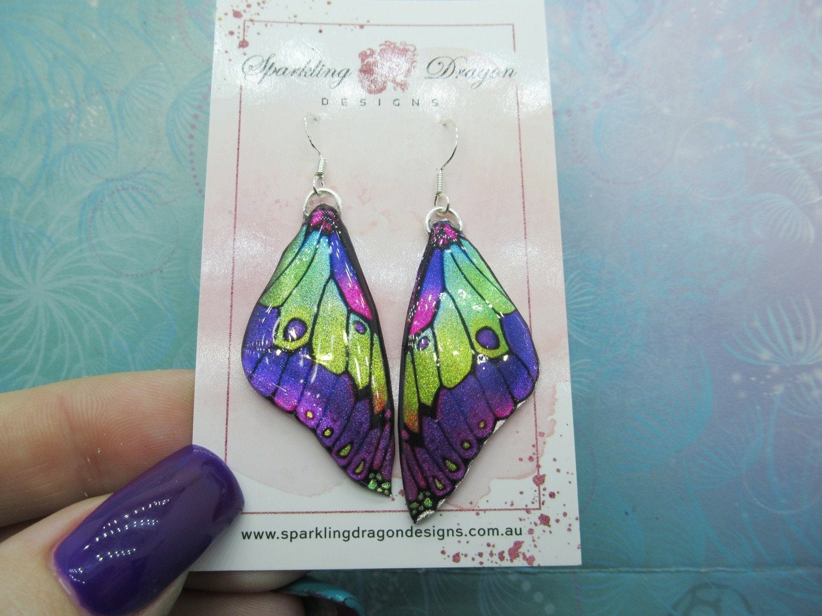 Butterfly Earrings Stained Purple and Lime Green Fairy Jewellery, Gift for her