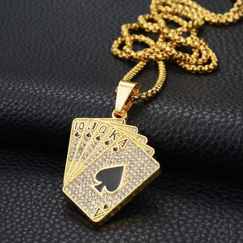 Mens Gold Playing Card CZ Poker Pendant Necklace Punk Hip Hop Jewelry Chain 24″