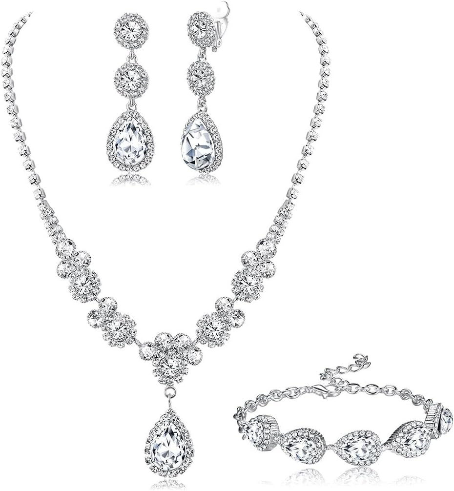 Rhinestone Bridal Jewelry Set Necklace Bracelet Clip on Earrings for Brides Brid