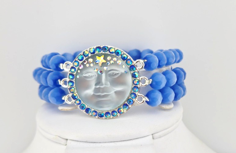 KIRKS FOLLY Venus 25mm Seaview Moon Crystal Stretch Bracelet Silvertone Blue