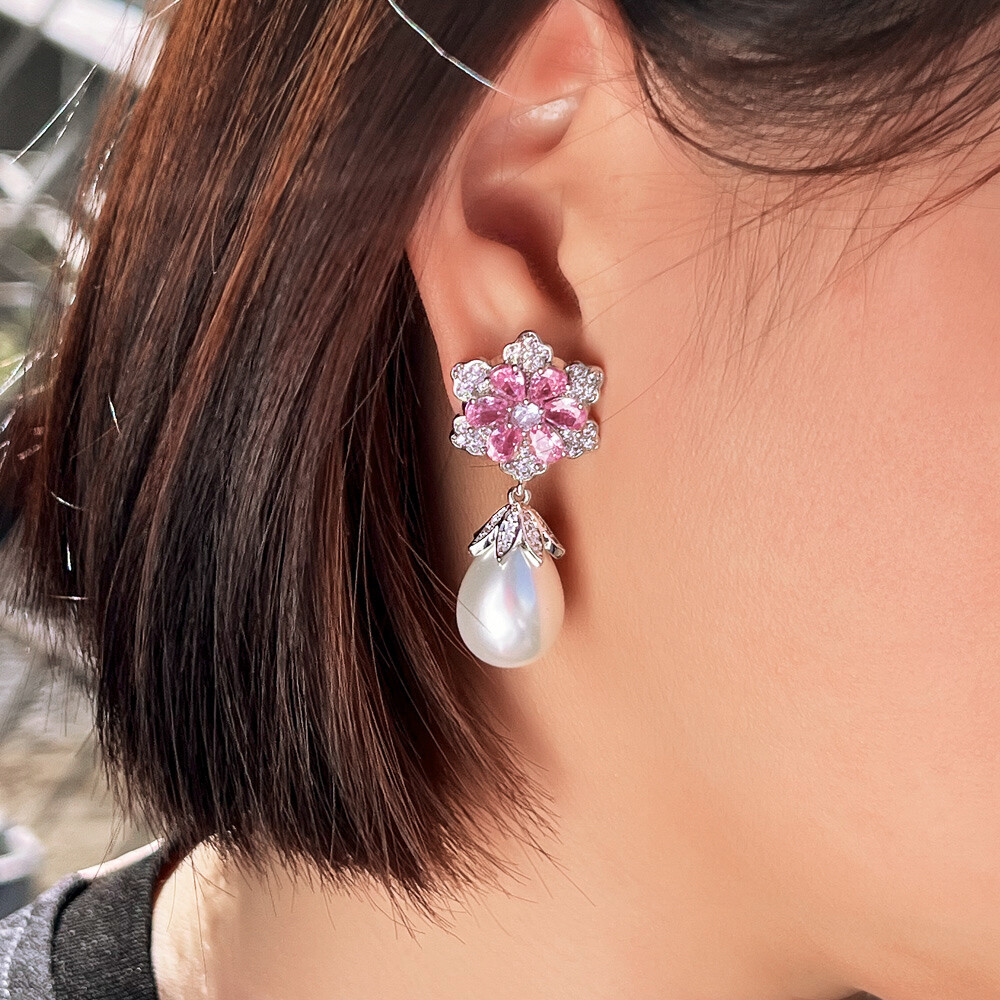Beauty Silver Plated Cubic Zircon Ladies Pink Flower Pearl Dangle Drop Earrings