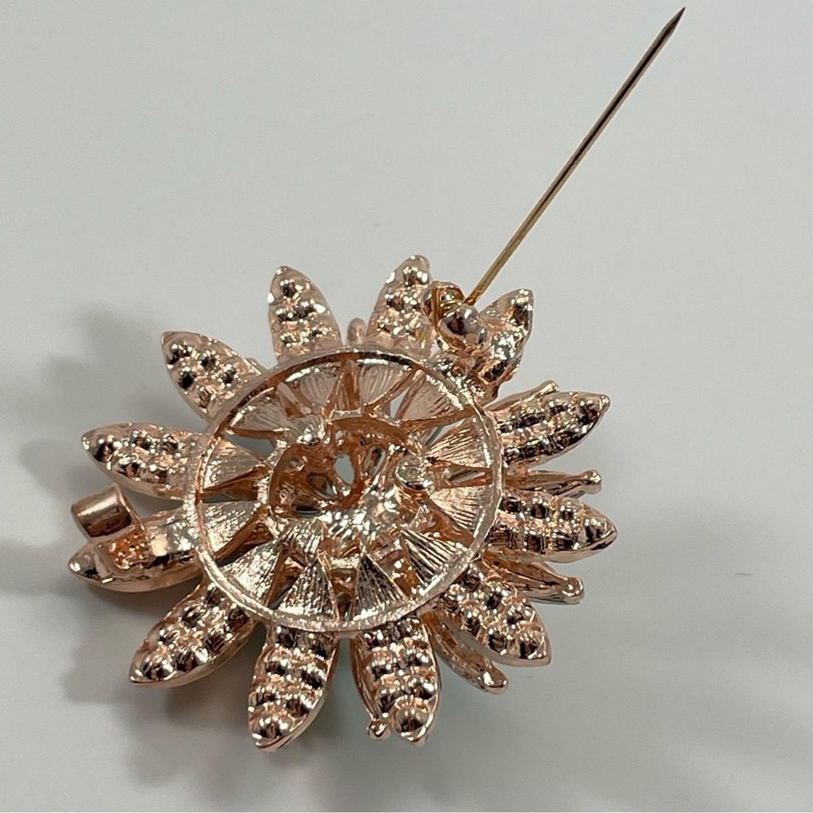 Rose Gold Tone Green White Rhinestone Faux Pearl Flower Brooch Pin Statement