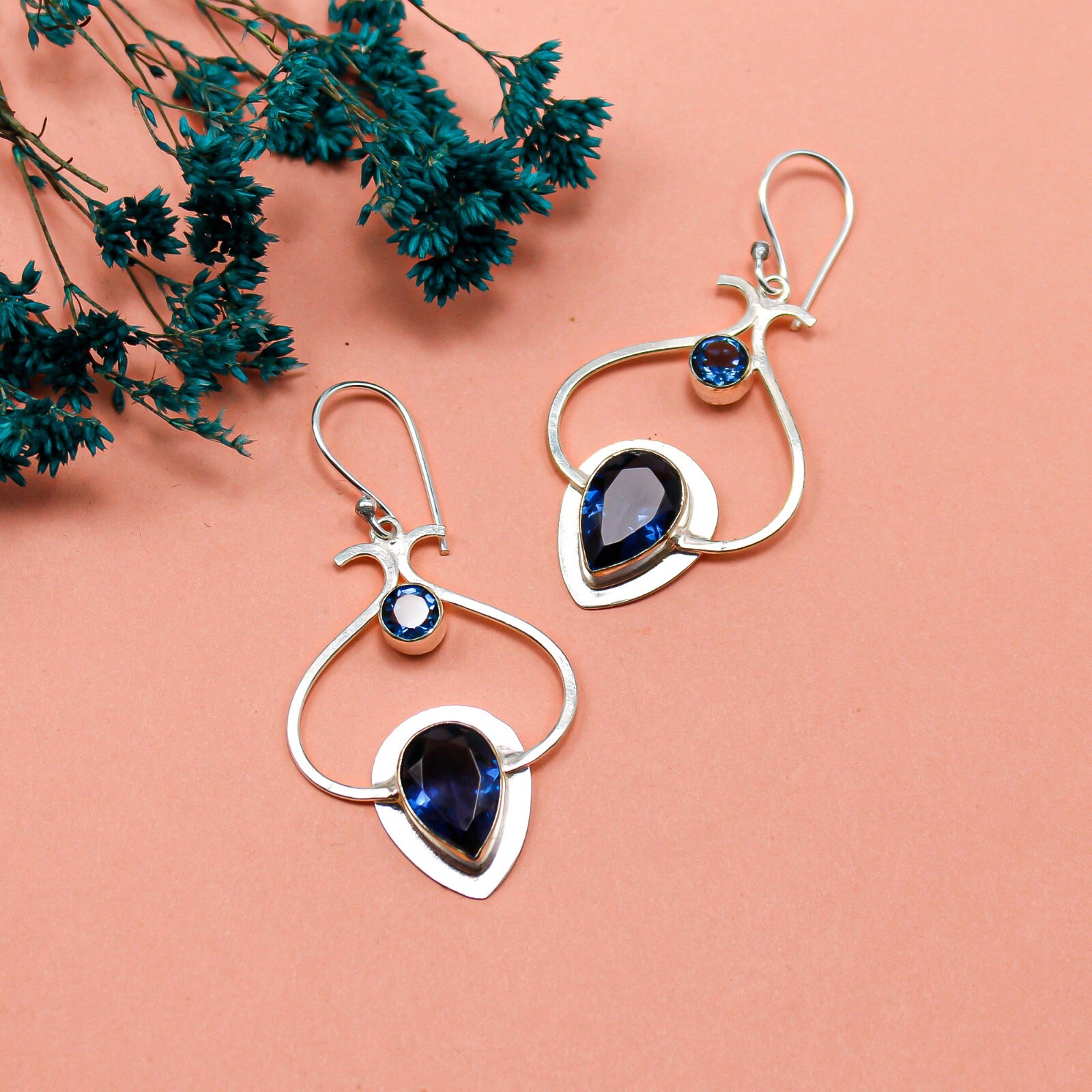 London Blue Topaz Gemstone Jewelry 925 Silver Handmade Earrings 2.2″ For Women