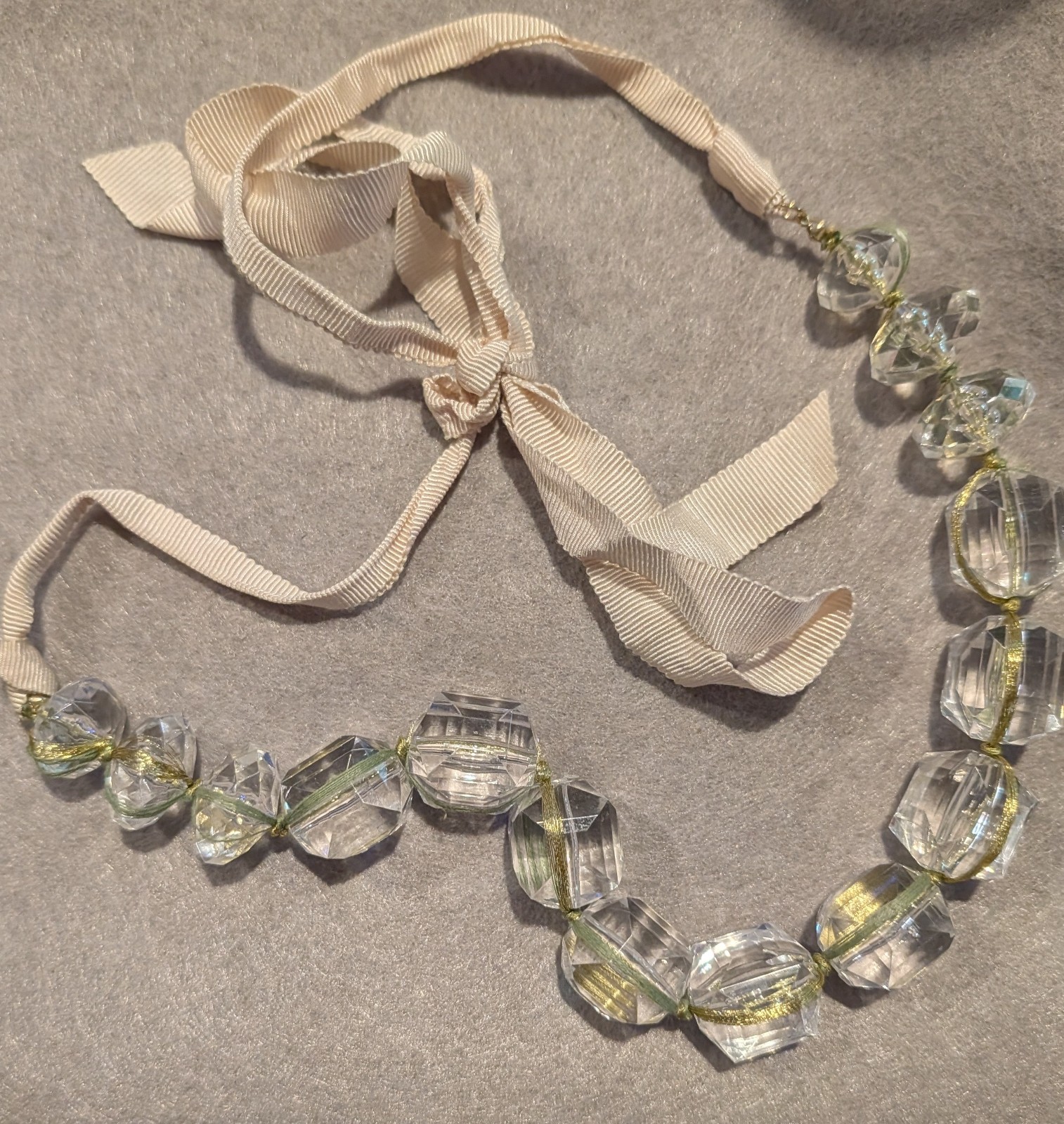 Clear Faceted Crystal Beaded Necklace Cream Ribbon Tie Adjustable Closure