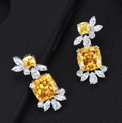 18K White Gold Filled 6CTW Yellow Citrine Gemstone Drop Earrings Christmas Gift