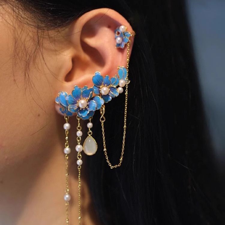 Floral Tassel One-Piece Earrings Ear Clips Women New Chinese Style Jewelry Pair