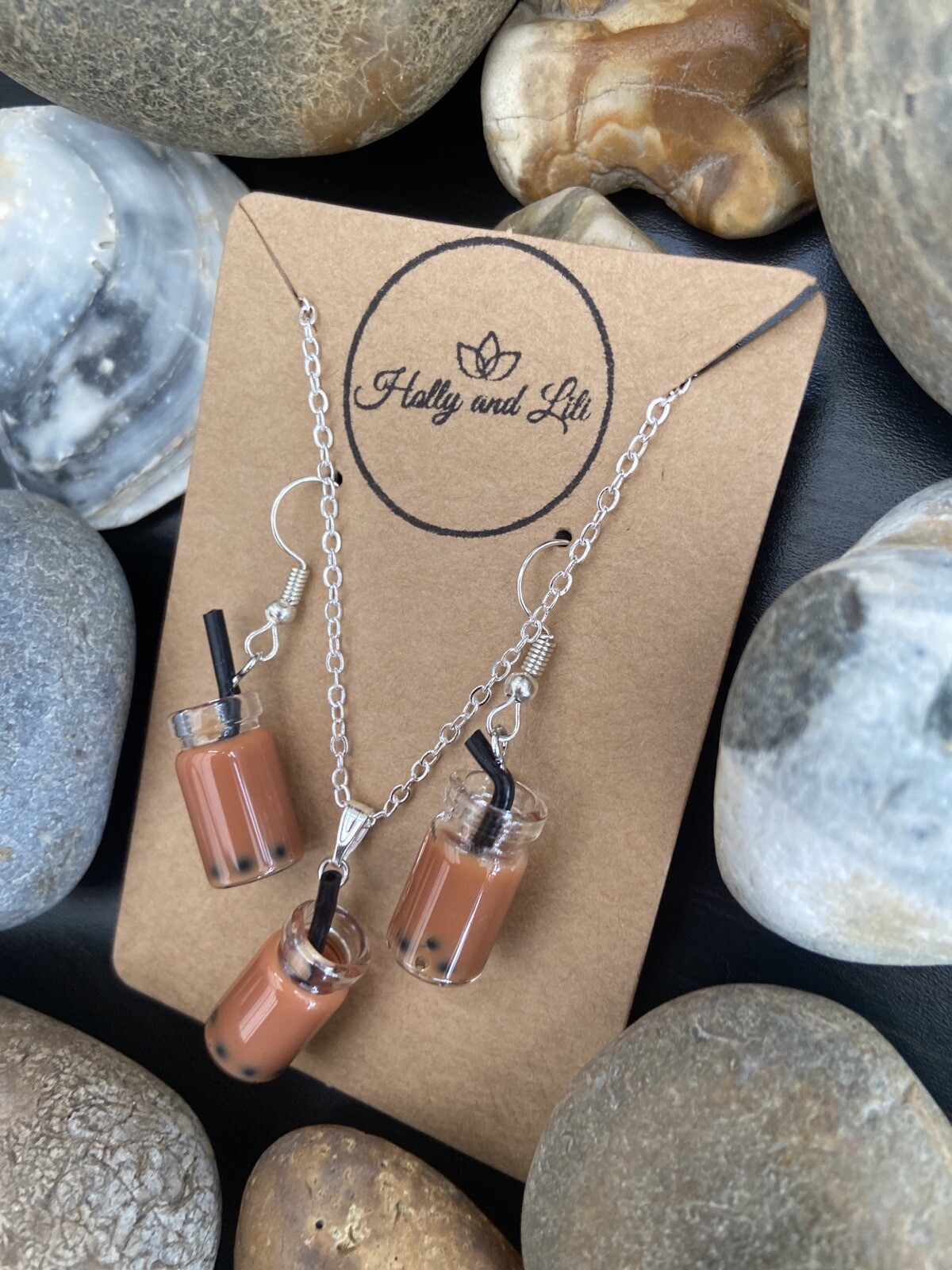 Brown Bubble Tea Boba Novelty Personalised Handmade Necklace & Earring Set