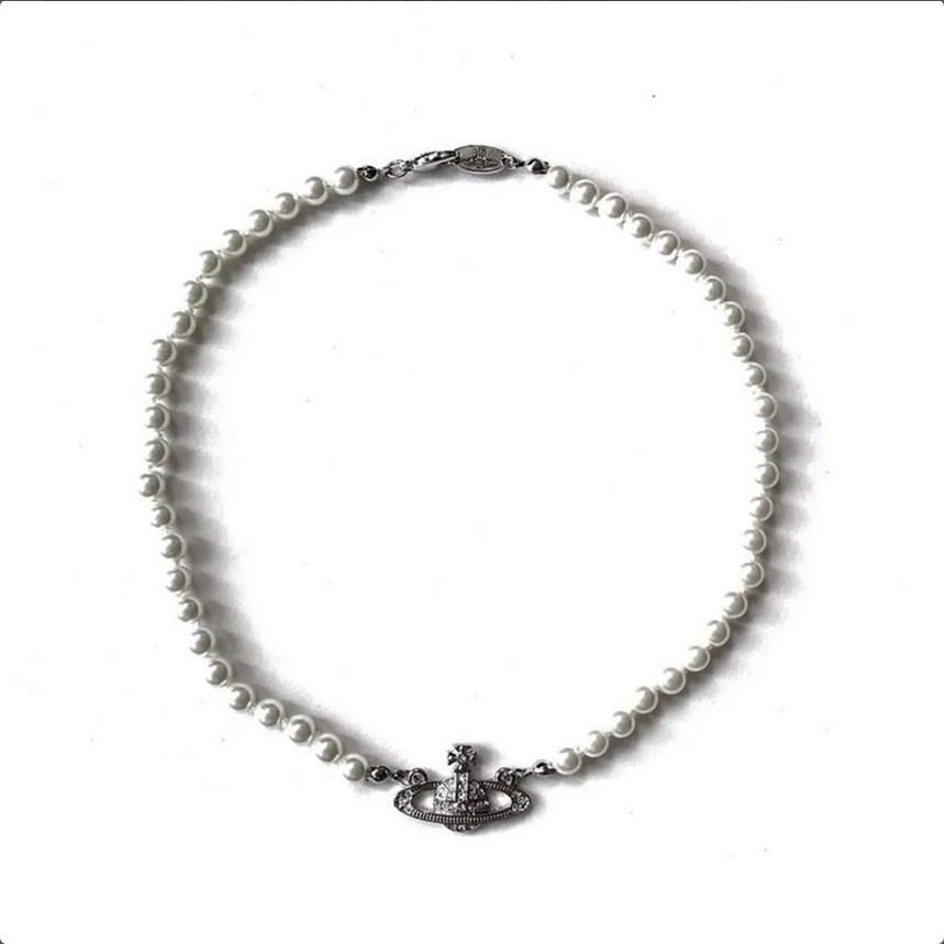 Vivienne Westwood Pearl Necklace – Silver Saturn Pendant with Box