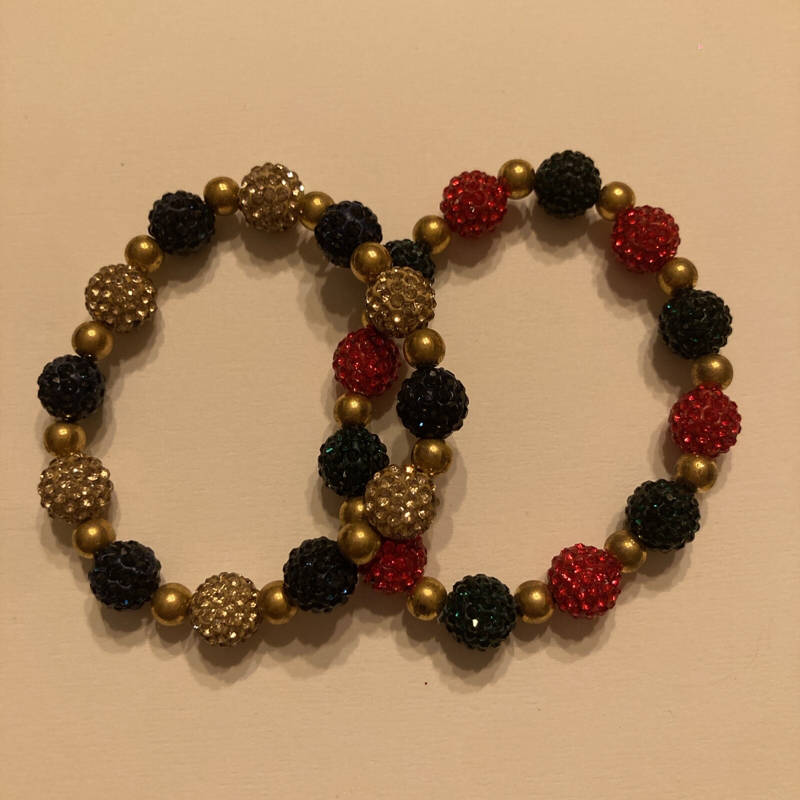 2 – Shamballa Gold Bead Bracelets Blue & Gold, Red Green & Gold