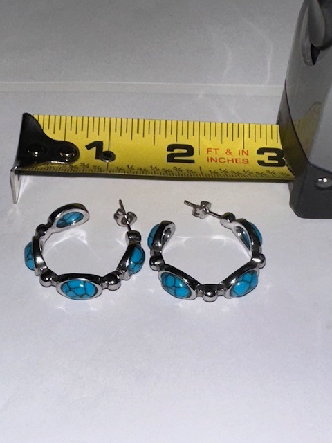 Stainless Steel Turquoise Stone Huggie Earrings Lightweight Bohemian