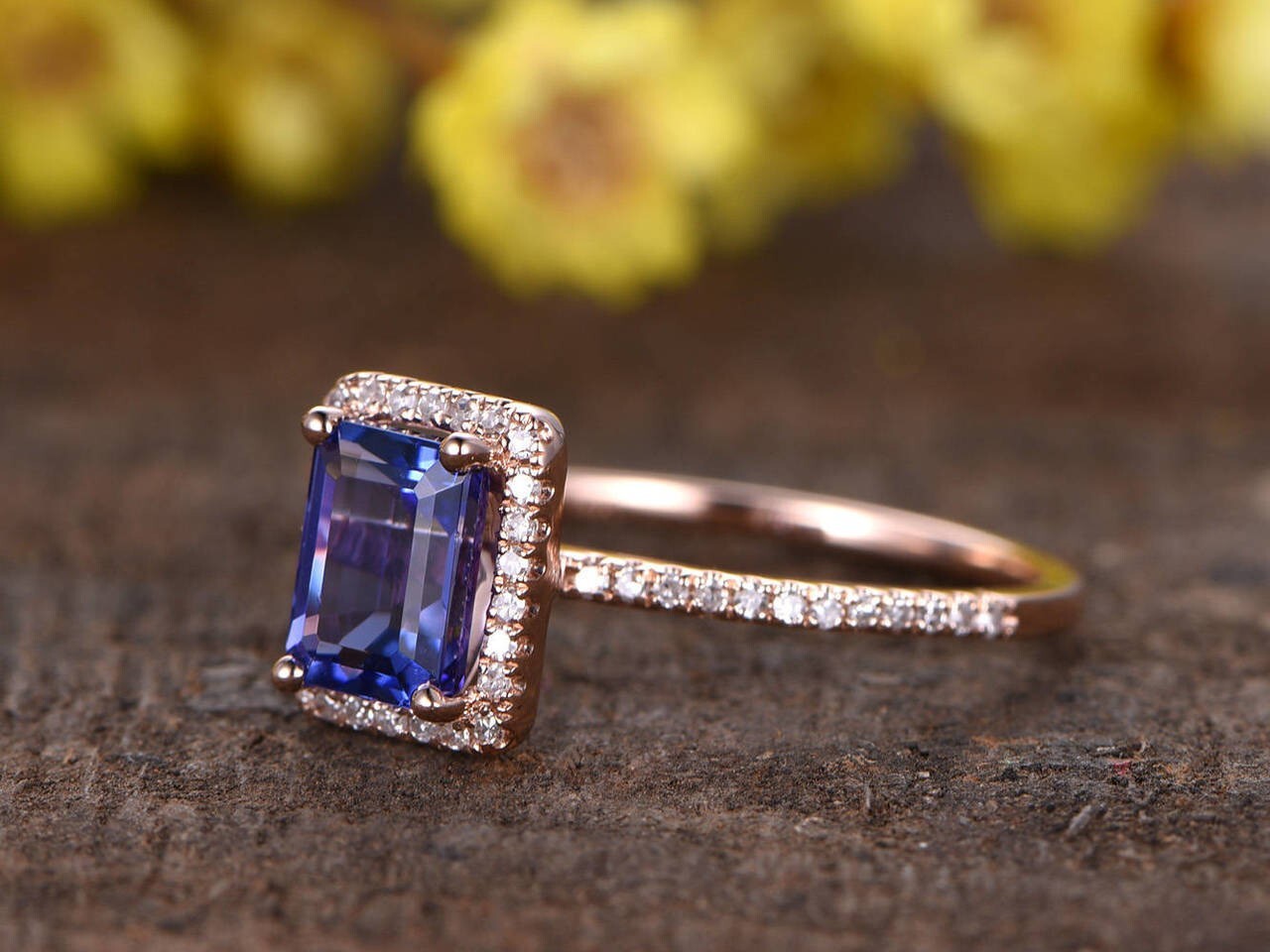 2.50 Ct Emerald Cut Blue Tanzanite Halo Engagement Ring 14K Rose Gold Plated