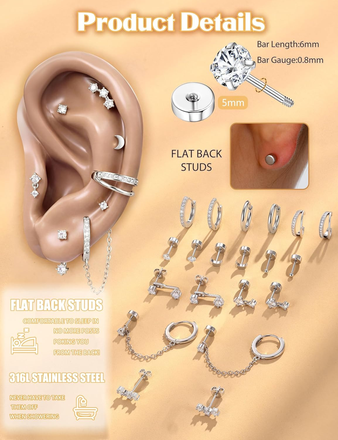 14K Gold Plated Earrings for Women Hypoallergenic 20G Surgical Stainless Steel F