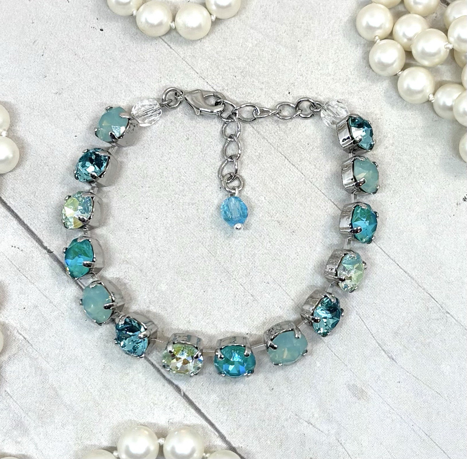 8mm Shiny Silver Plated Mint Green PACIFIC OPAL Teal Cup Chain Tennis Bracelet