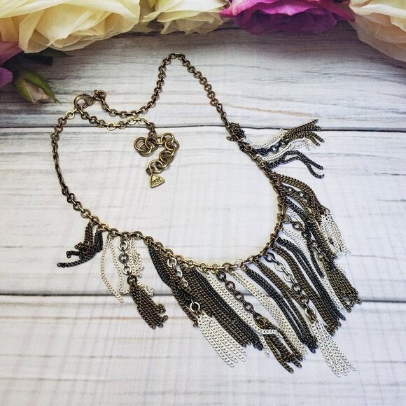 SILPADA KR Multi Tone Fringe Chain Necklace Gold Brass Gunmetal Tassel Statement