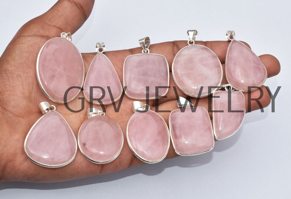 1-1000 Pcs Rose Quartz Bezel Pendant Lot Bulk: Silver Plated Necklace WH-8