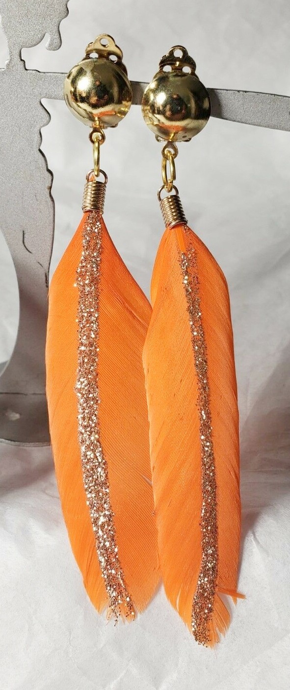 Feather w/glitter clip on earrings, black,white,blue,pink,orange,yellow handmade