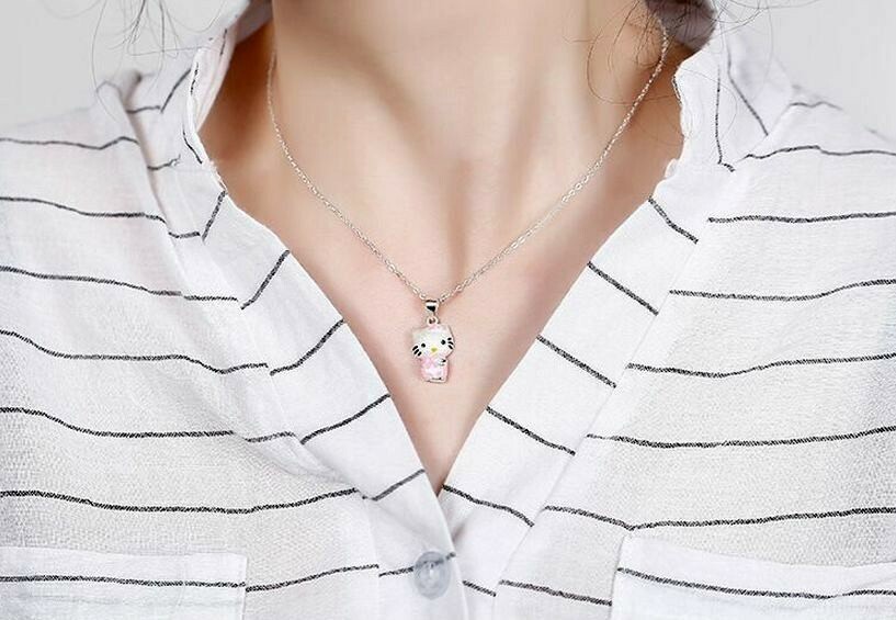 Pink Bow Silver Cat Adorable 3D Hello Kitty Kitten Pendant Chain Necklace